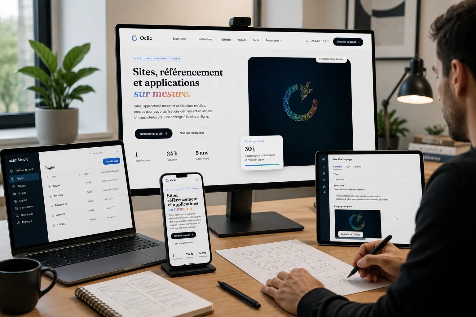 Un site Oclic affiché simultanément sur un grand écran, un ordinateur portable ouvert sur le back-office, un téléphone et une tablette, pendant qu'une personne dessine des maquettes au crayon