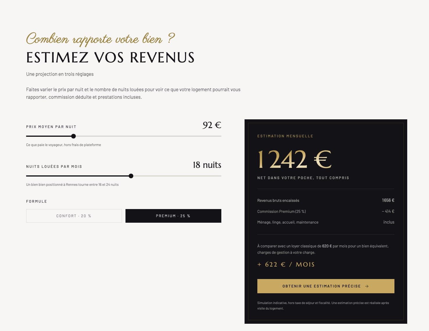 Simulateur de revenus du site : deux curseurs pour le prix par nuit et le nombre de nuits louées, le choix entre les formules Confort et Premium, et une estimation de 1 242 € nets par mois comparée à un loyer classique
